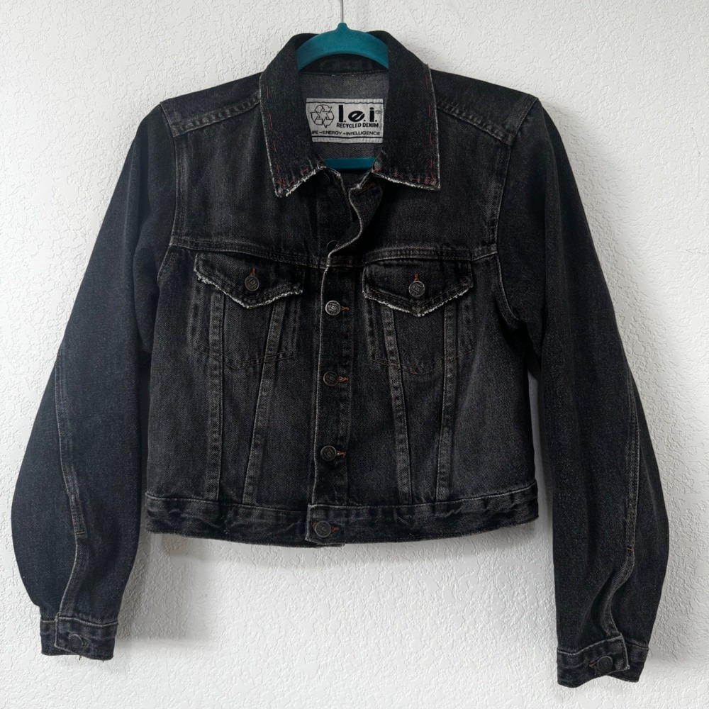 LEI Recycled Denim Jacket‎ Black Red Bandana Patchwork Custom Western Womens